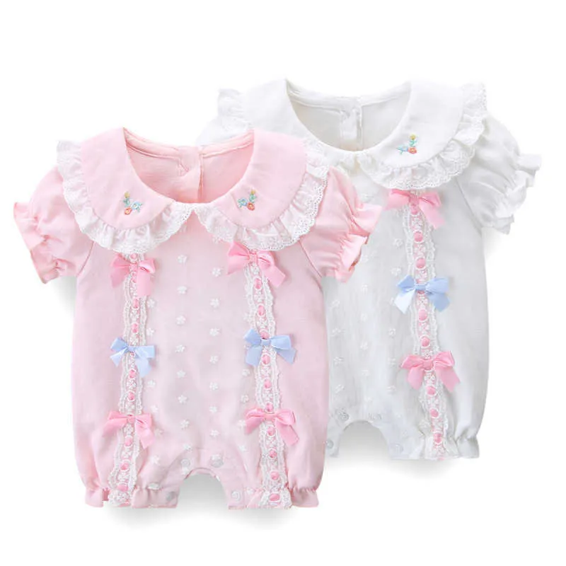 Baby Mädchen koreanischen Stil Strampler geboren Stickerei Strampler Sommer Säugling Baumwolle weiche Kleidung Mädchen Spitze rosa Overall Twin Outfits 210615