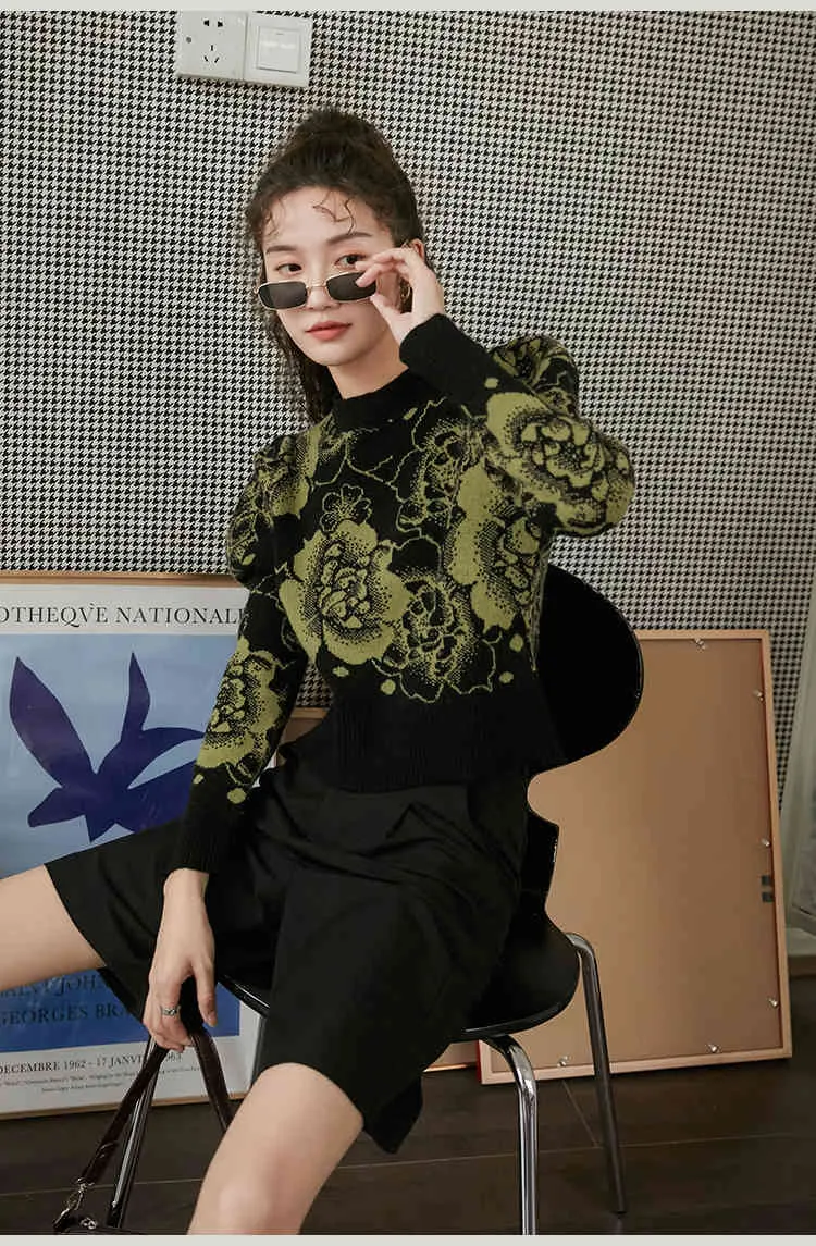 Suéter recortado con mangas abullonadas para mujer, jersey con estampado Floral negro, jerséis de punto para mujer, ropa de moda coreana de invierno 210427