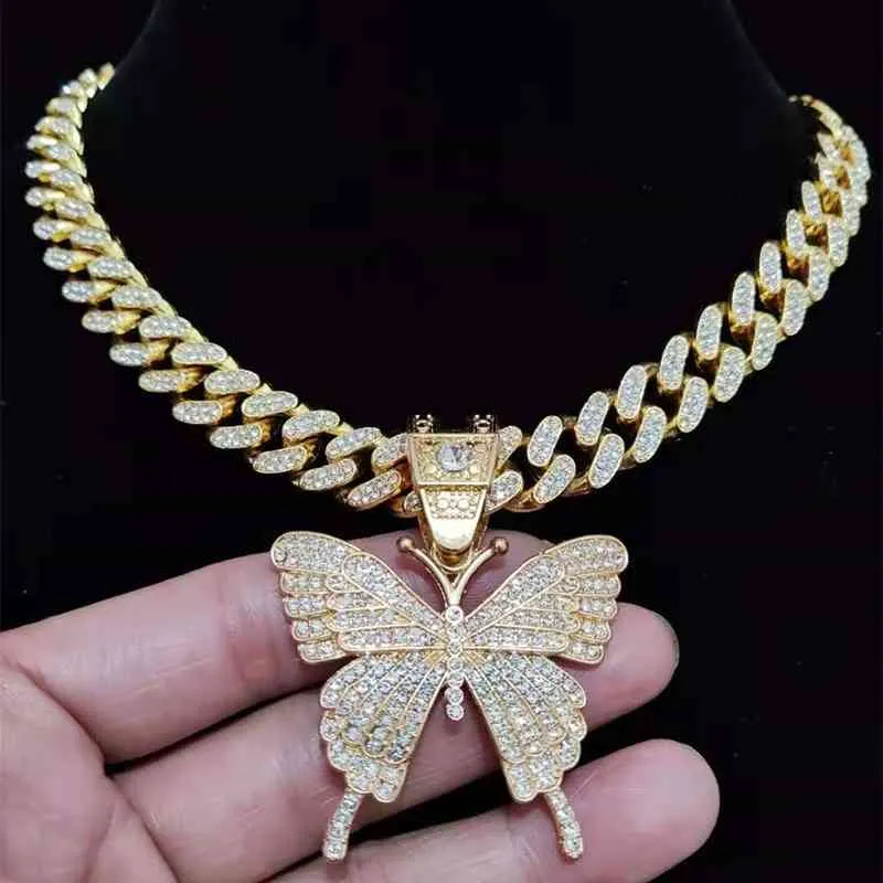 Men Women Hip Hop Iced Out Bling butterfly Pendant Necklace with 1m Miami Cuban Chain HipHop Necklac Fashion Charm Jewelry277z9021117