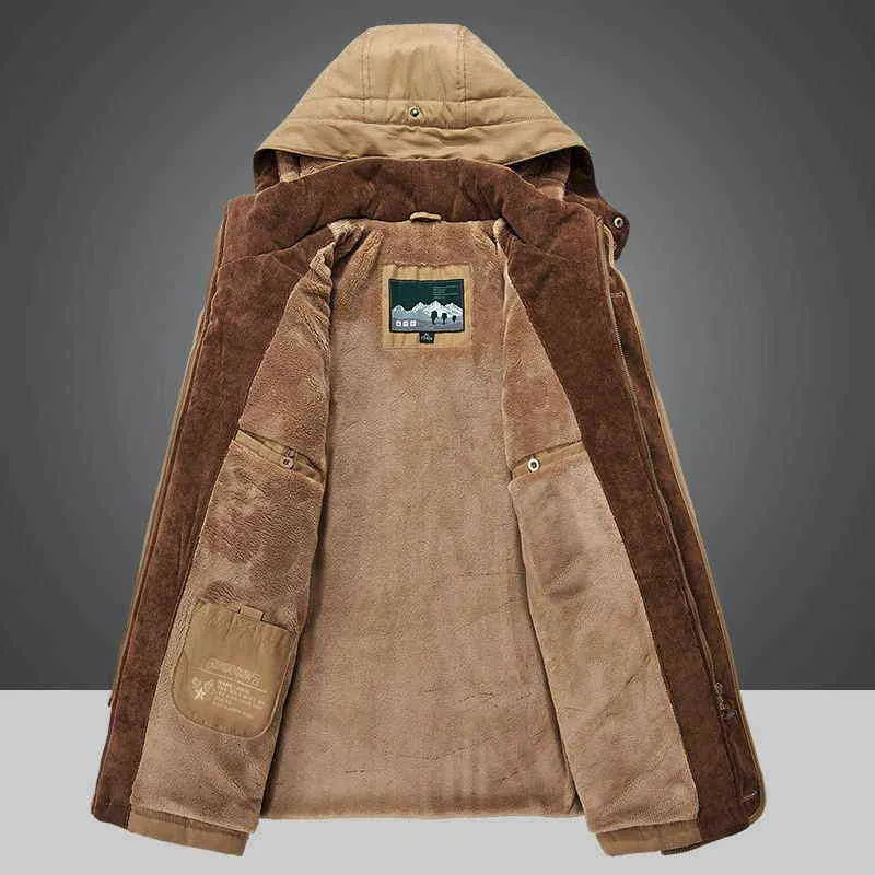 Veste d'hiver pour hommes Parka mi-longue Plus velours épais chaud multi-poches vestes solides Parkas mâle manteau grande taille vêtements 211204