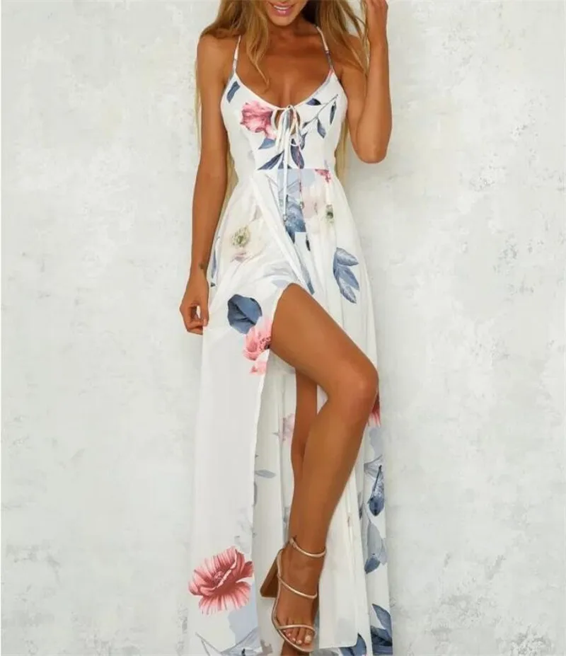 Summer dress women bing vestidos red floral sexy backless sundress maxi boho chiffon beach dresses autumn long casual jurk 2021 210320