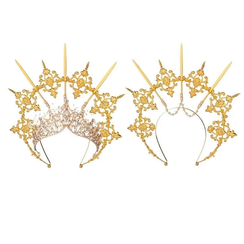 Hårklämmor Barrettes E56A Lolita Double Layer Crown Hoop gotisk pekband Metall Godness pannband Halloween kostym Diy Tiara Mat217J