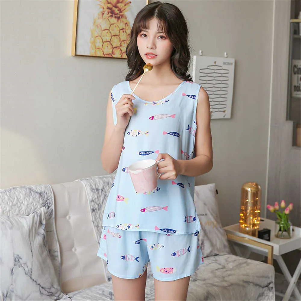 Letnie szorty bez rękawów Zestawy piżamów Kobiety śpiące Korea Sexy O-Neck Shorts Uczniowie śpiący śpiący kreskówka Pajama 210619