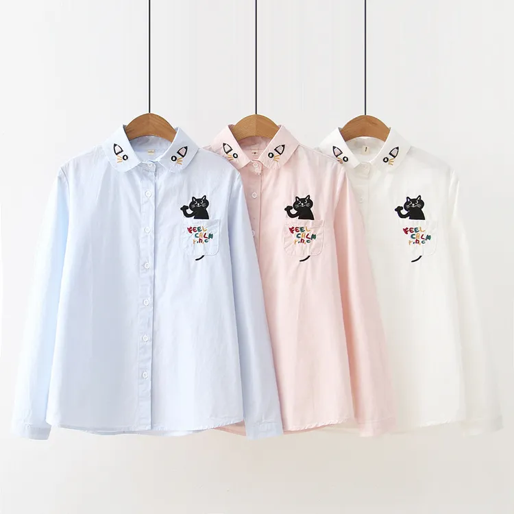 HSA Blusas de dibujos animados Camisas de mujer CAT Tops Casual Algodón Manga larga Azul Oficina Lady Blusas Outwear suelto Primavera 210430
