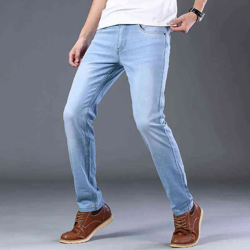 Suleee marki Top Classic Style Mężczyźni Wiosna Summer Jeans Business Casual Light Blue Stretch Cotton Male Spodnie 211111