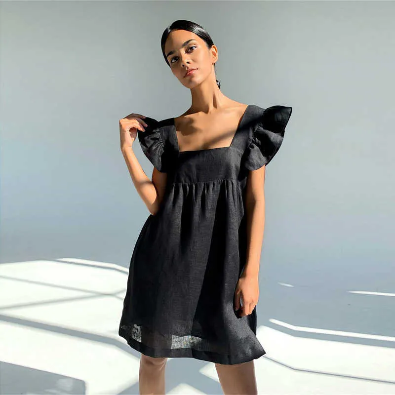 Muiches Casual Square Collar Butterfly Sleeve Mini Sweet Dress Woman Backless High Waist Loose Linen Solid Dress 2021 Summer X0629