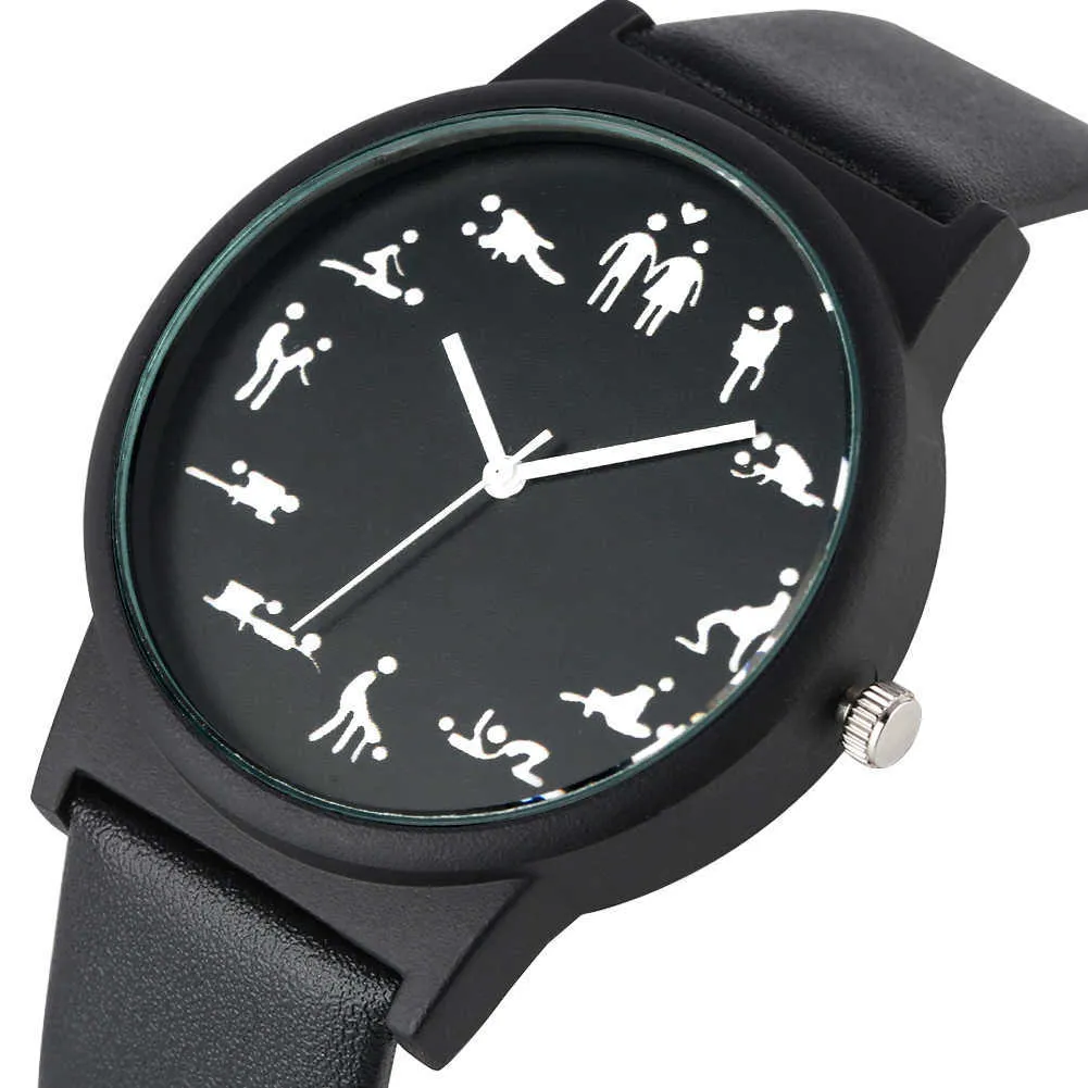 Creative Fun Quartz Watch for Men Black Dial Quartz Watches Comfort Black Leather Strap Wristwatch för Male H1012277V