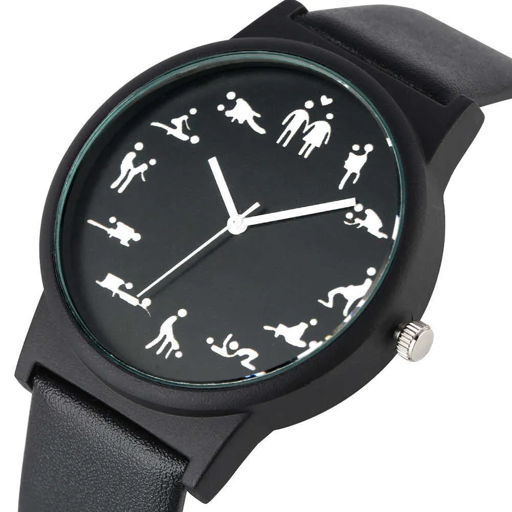 Reloj de cuarzo divertido y creativo para hombre, relojes de cuarzo con esfera negra, cómodo reloj de pulsera con correa de cuero negro para hombre H1012290v