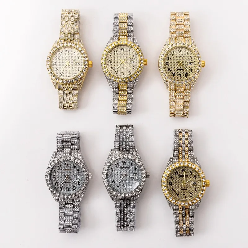 Orologio da uomo 2021 classico al quarzo, oro, commercio estero, con diamanti, data, orologio con tre perline, orologio con gemme, intero 205A