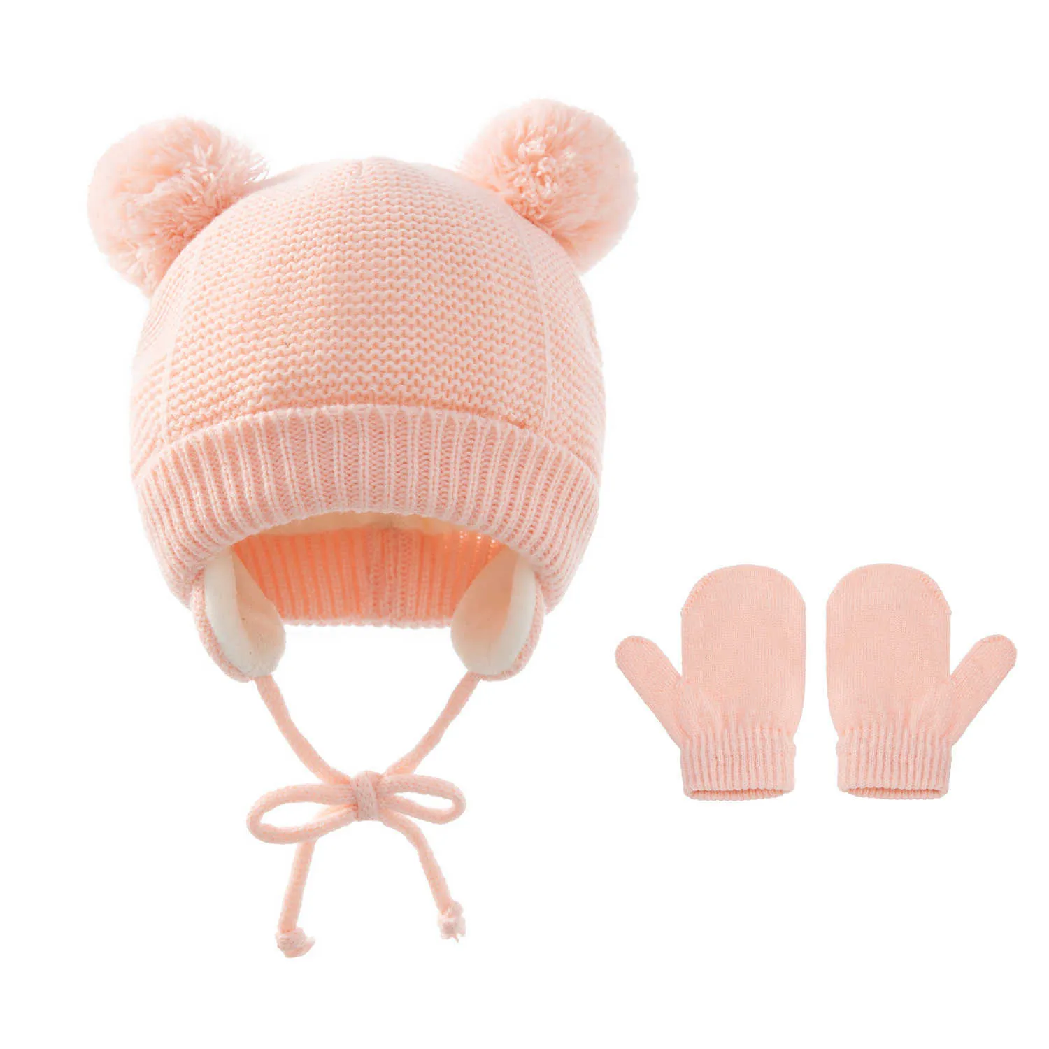 2021 Invierno Cálido Bebé recién nacido Sombrero de punto Color sólido Niños Ourdoor Crochet Hat + Guantes Conjunto de dos piezas con doble bola de felpa Niños Niños Grils Cap G99KLNL
