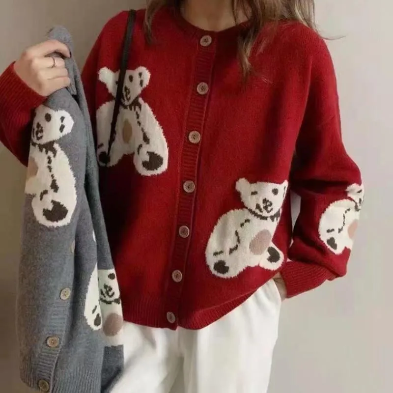 Japanische Kawaii Strickjacke Frauen Niedlichen Pullover Mantel Cartoon Bär Drucken Koreanische Strickwaren Mädchen Süße Lose Strickjacken 210519