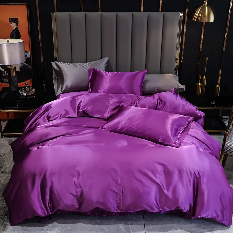 Ensemble de literie en Satin de soie artificielle de luxe housse de couette solide taies d'oreiller linge de lit simple Double reine roi 220x240 pas de drap de lit