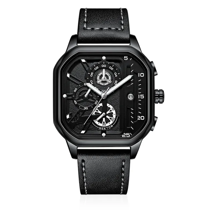 Крутые черные брендовые мужские часы NEKTOM, точные кварцевые часы, кожаный ремешок, светящиеся наручные часы с квадратным циферблатом, 300P