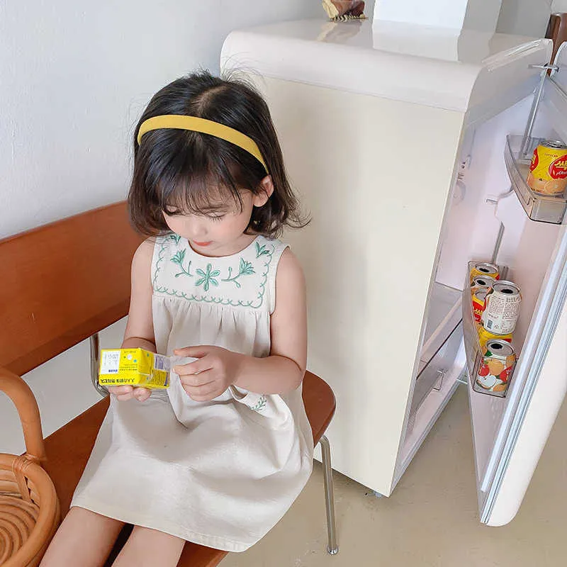 Korean Girls Embroidery Cotton Linen A-line Dress Casual Clothing for Kids Lovely Summer Outfit 210529