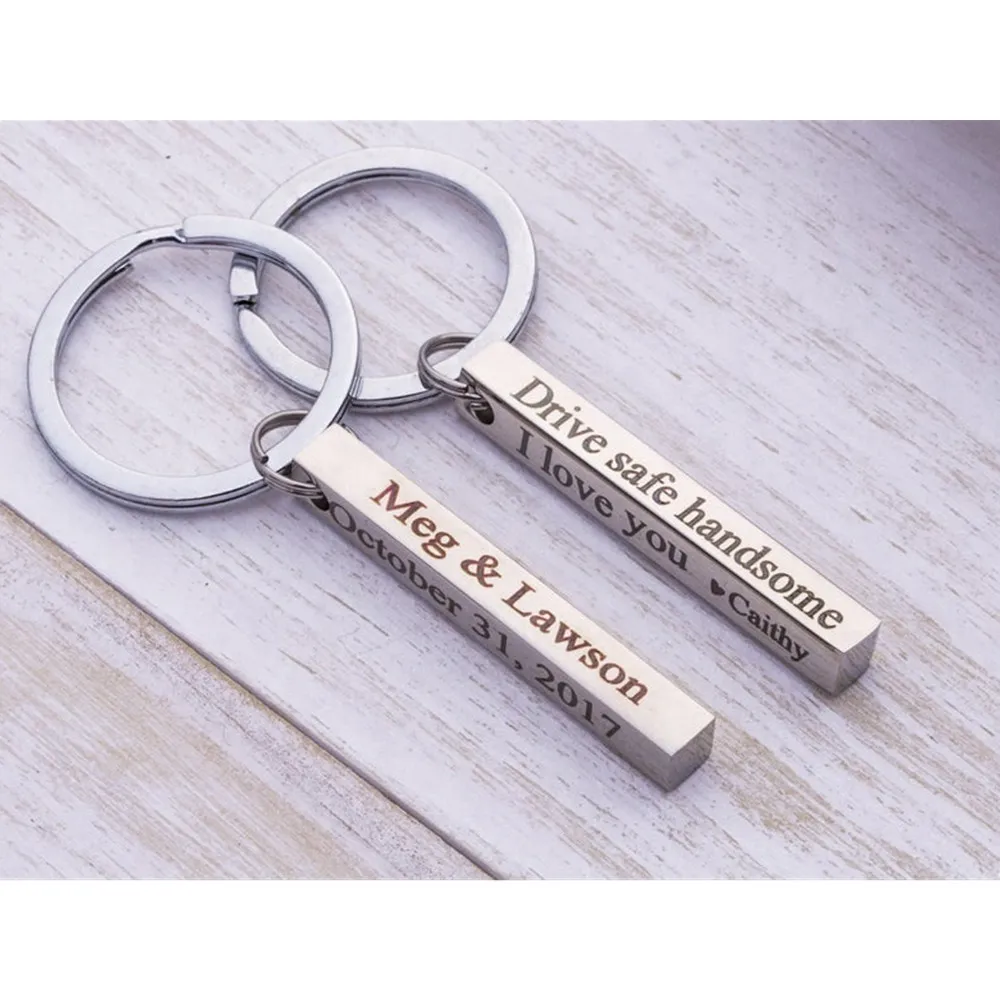 Custom Name Date Keychain Personalized Laser Engrave 4 Sides Stainless Steel Bar for Women Men Jewelry Gift