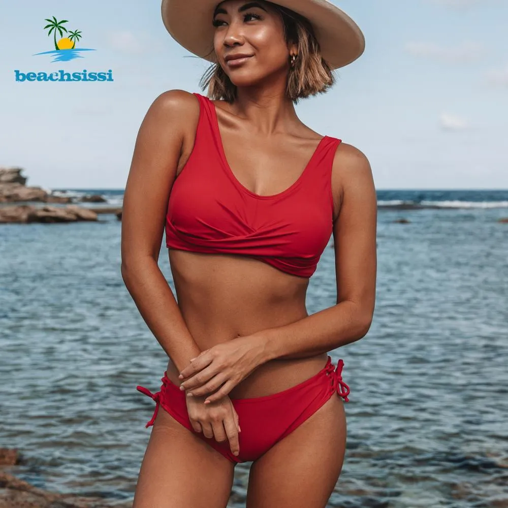 Beachsissi 2021夏の新しいソリッドビキニセット水着女性S水着Sport Criss Cross Swimms Beachwear Bathing Suit 210319