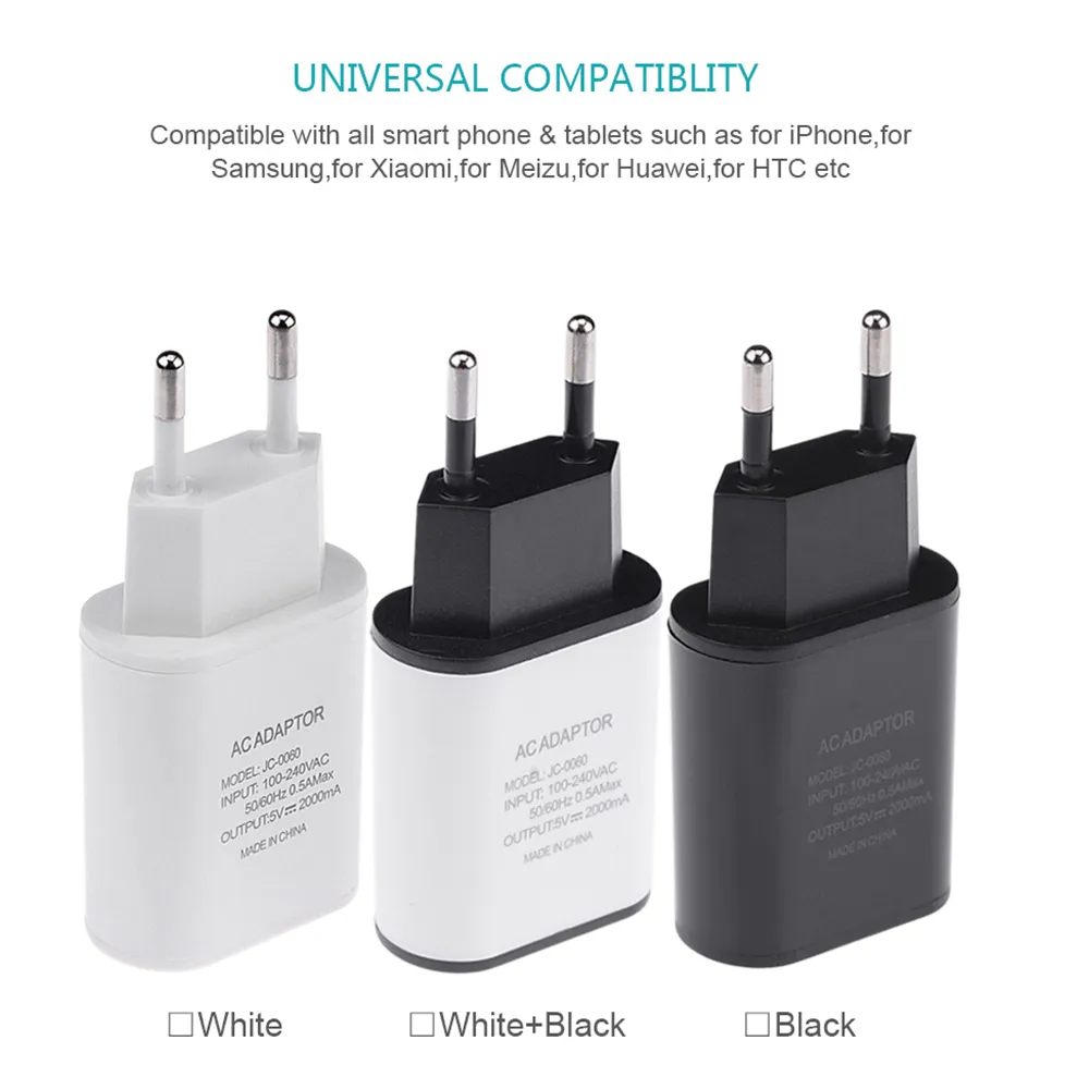 Cargador de teléfono móvil universal 5V1A / 5V2A Pared portátil de viaje USB para iphone Samsung Adaptador Enchufe de la UE Negro / Blanco