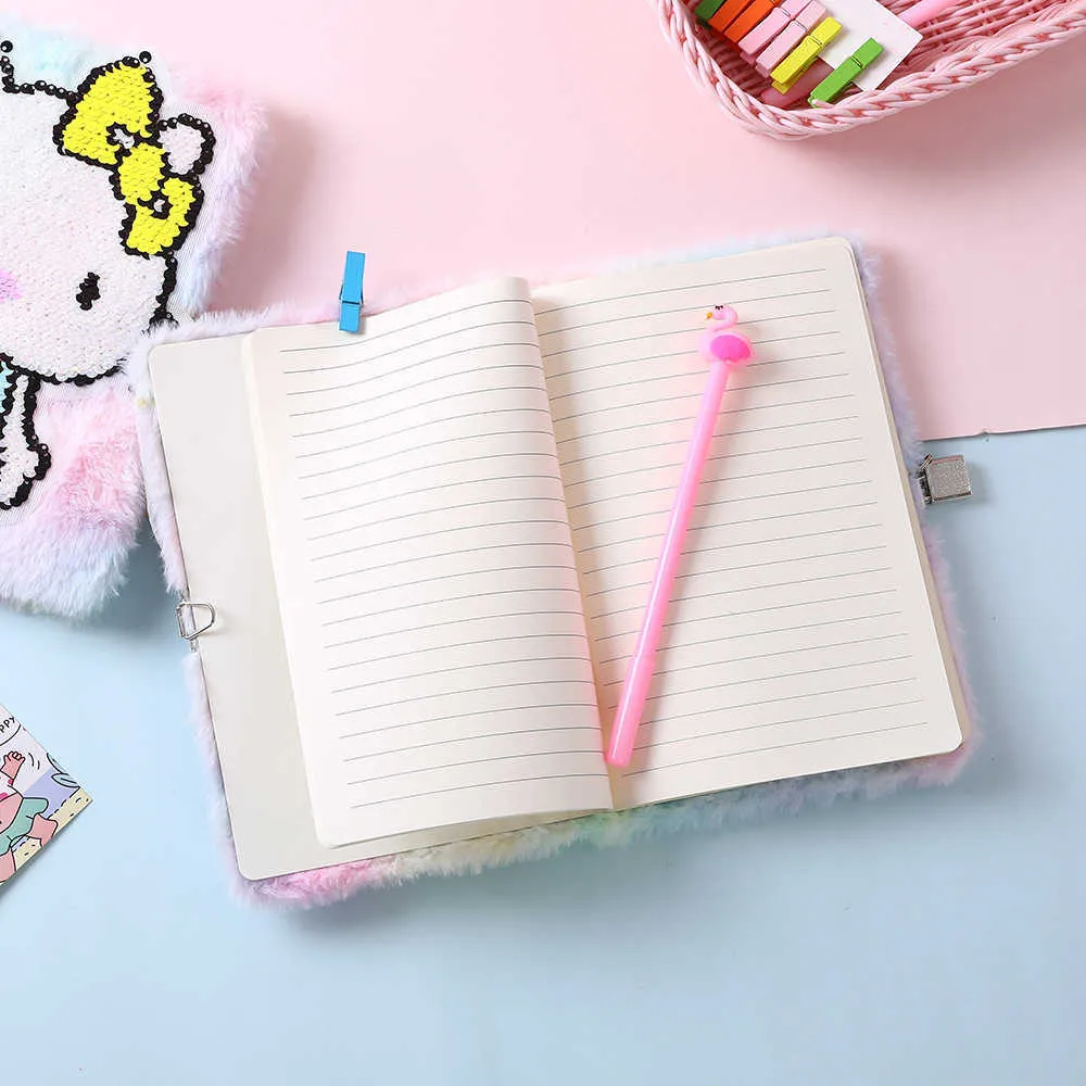 Caderno de unicórnio bonito com fechadura A5 Jornal Kawaii Cat Diary Notepad Nota de Plush Line Line Agenda Planner Organizador Organizador Diário Diário 210611