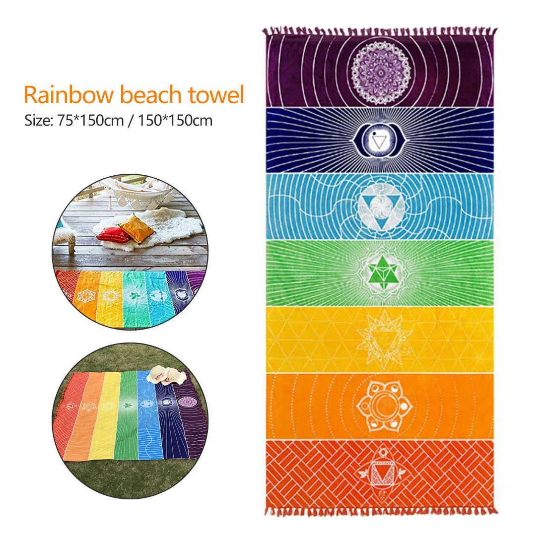 Mandala indien arc-en-ciel 7 chakra tapisserie tenture bohème plage tapis polyester mince couverture yoga châle tapis couverture 210727