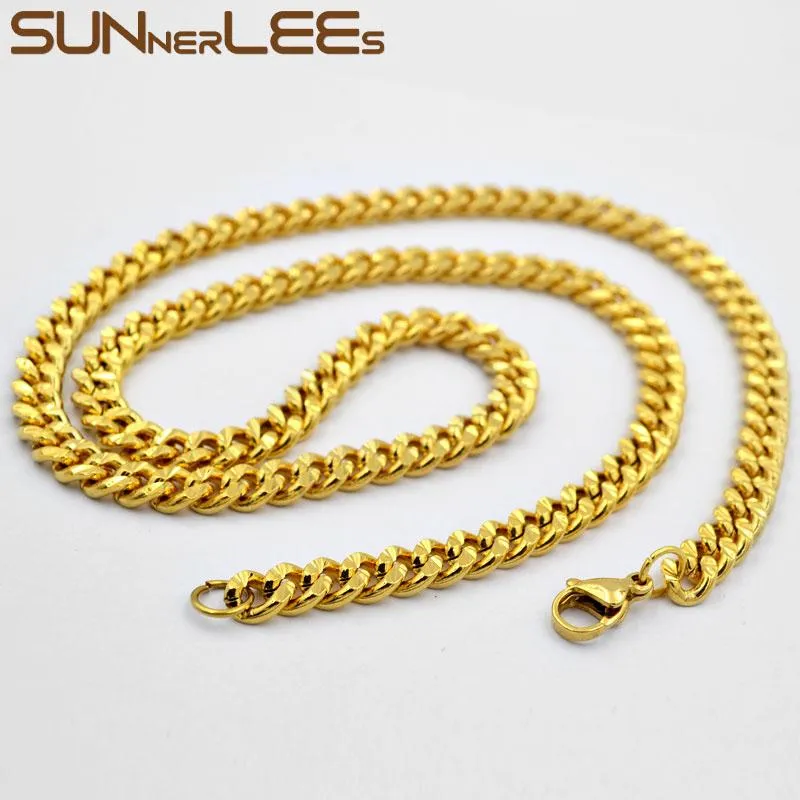 سلاسل Sunnerlees أزياء المجوهرات قلادة مطلية الذهب 6 مم كبح سلسلة كوبية سلسلة الطباعة زهرة لامعة للرجال هدية C78 N313H