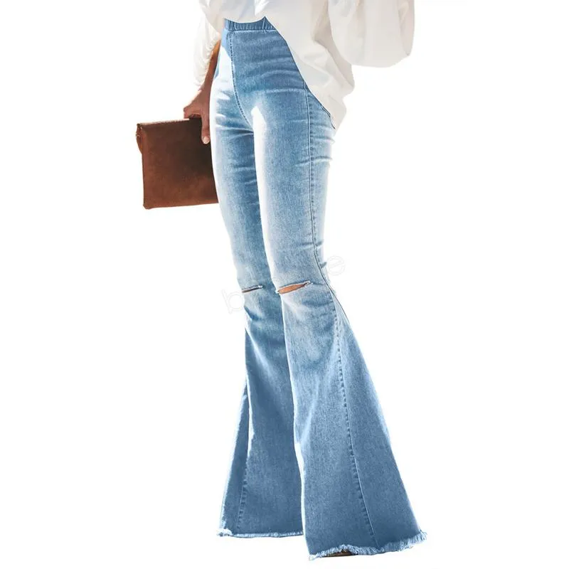 Qnpqyx nya kvinnor rippade hål flare jeans byxor slim sexig vintage bootcut wide ben flared jeans kontor lady bell bottoms denim byxor ljja2977