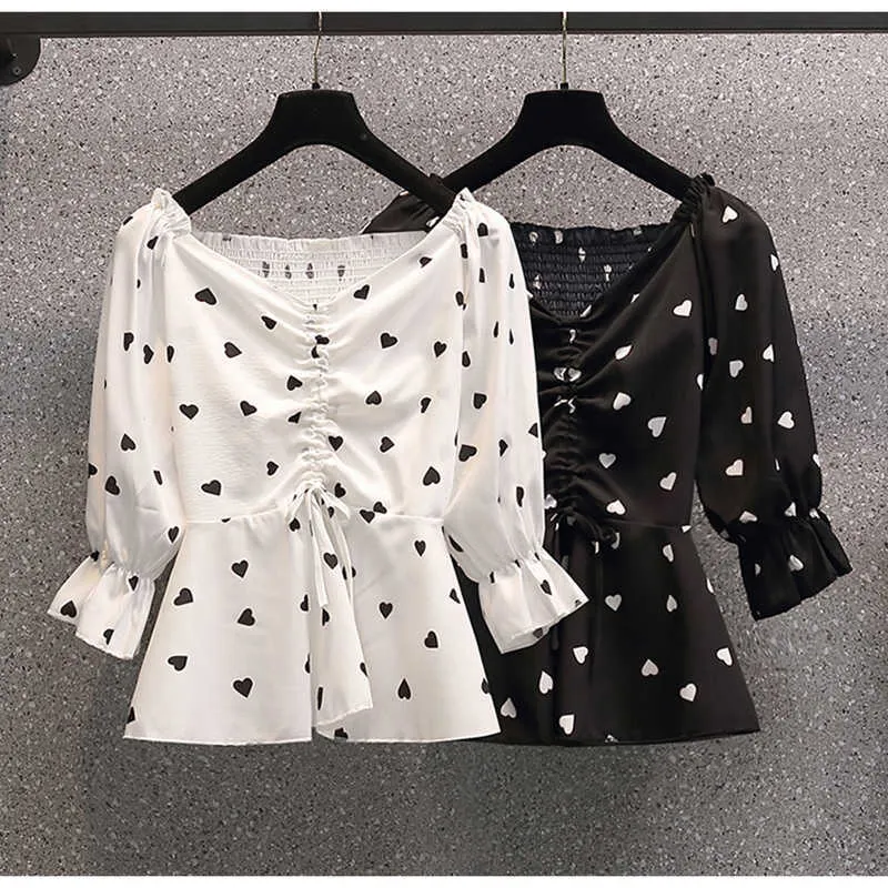 PERHAPS U Women Elegant Sweet Summer Chiffon Heart-Shaped Print Bow Drawstring Flared Sleeves V-Neck Ruffle Skirt Blouse B3079 210529