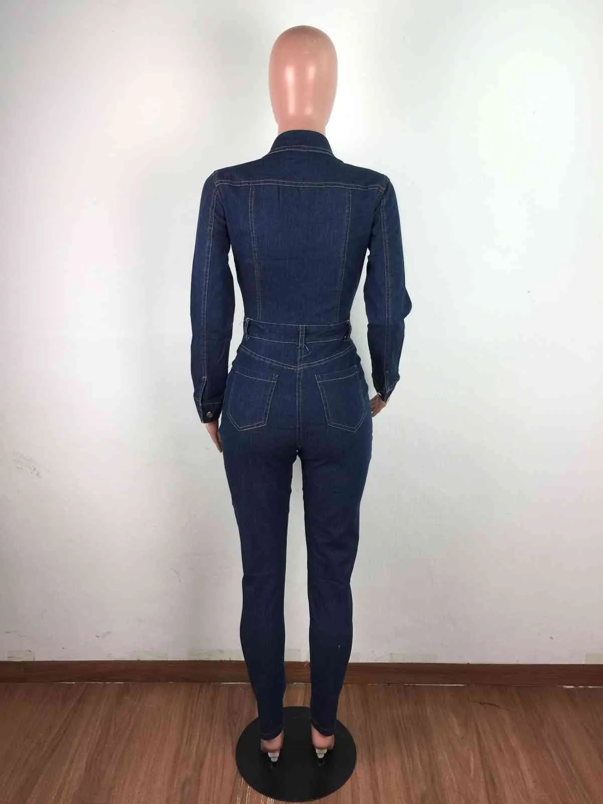 Плюс размер JEAN комбинезон комбинезон для женщин сплошной полноценный рукав одиночной грудью сексуальная леди синяя джинсовая ткань тощий тренд 210517