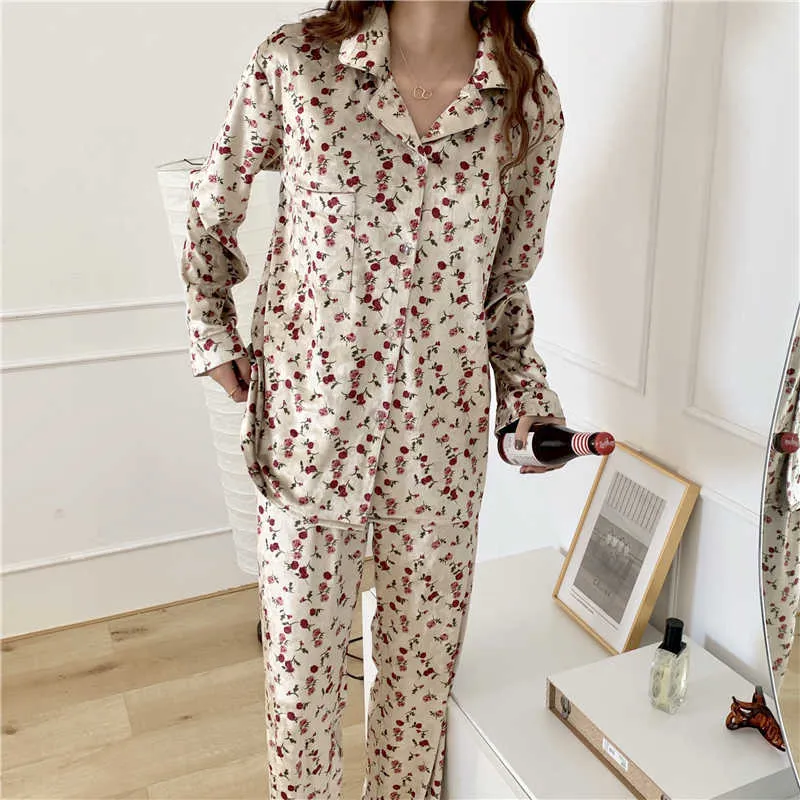 Chic Dois Peça Terno Floral Impressão Noturna Nightwear Golden Velvet Casual Homewear Loose Moda Pijama Sets 210525