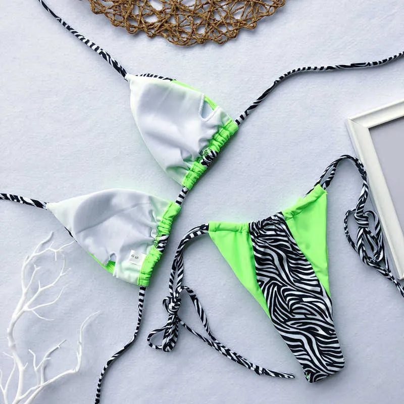 Zebra Print Halter micro Bikini 2019 donna Bandeau String Costume da bagno Costumi da bagno femminili Neon Shiny bikini set Costume da bagno leopardato Y0820