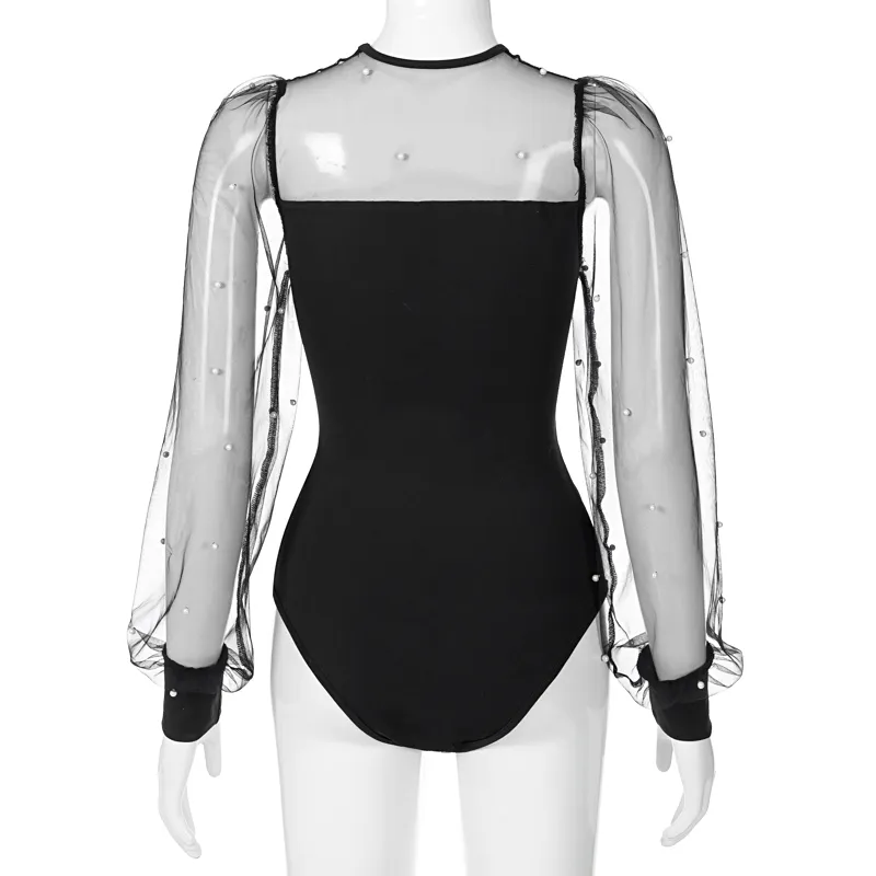 Pearl Mesh Skuff Sleeve Body Tops Ver a través del traje de cuerpo bodycon flaco Modificadores negros básicos Bodysuits