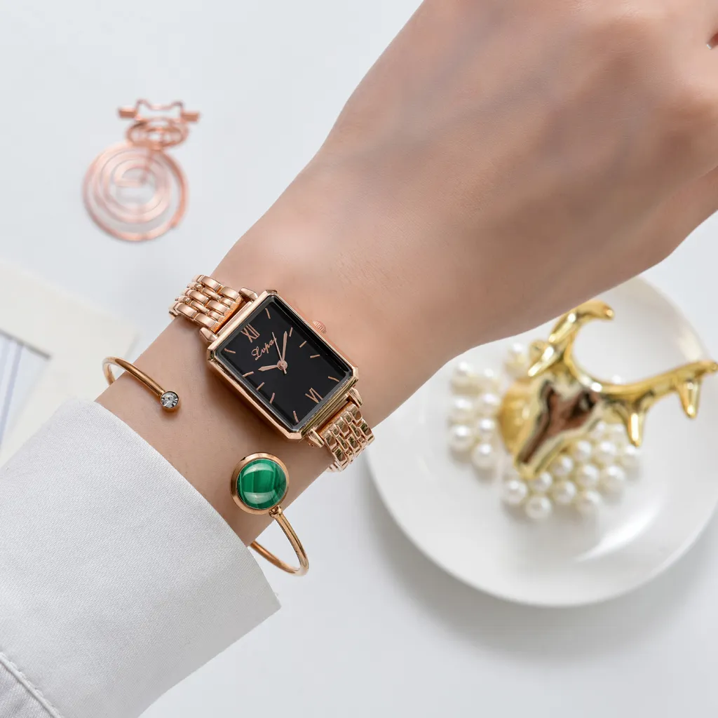 Lvpai varumärke klocka för kvinnor lyxiga fyrkantiga damer handled klocka armband set grön urtavla rosguldkedja kvinnlig klocka reloj mujer208n4926027