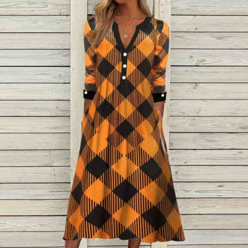 Jesień Z Długim Rękaw Kieszonkowy Sukienka Elegancka Okrągła Neck Guzika Biurowa Lady Dress Wiosna Retro Plaid Drukuj Kobiety Party Dress Vestido Y1204