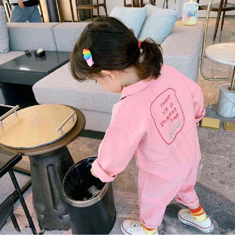 Детская одежда комбинезона осенью милые девушки повседневные письма инструменты джинсовые детские дети одежда японии корейский стиль 1-7 лет 211101