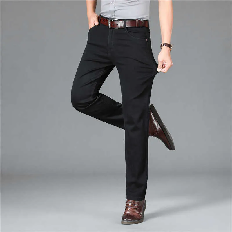 Shan Bao Pure Black Lightweight Straight Jeans Summer Classic Pocket Läder Mäns Casual Tunna Stretch Denim Jeans 210531
