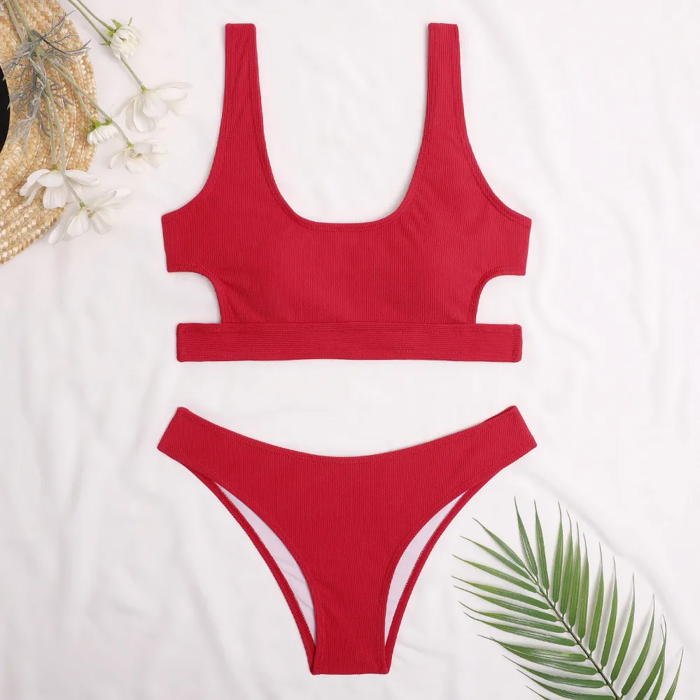 Seksowne bikini damskie strój kąpielowy wyciąć stroje kąpielowe kobiety bandeau czerwony zestaw żebrowane garnitury kąpielowe lato brazylijski biquini 210520