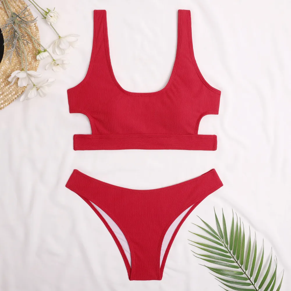 Sexy Bikini Women's Swimsuit Cut Out Swimwear Women Bandeau Red Set Ribbed Bathing Suits Summer Brazilian Biquini 210520