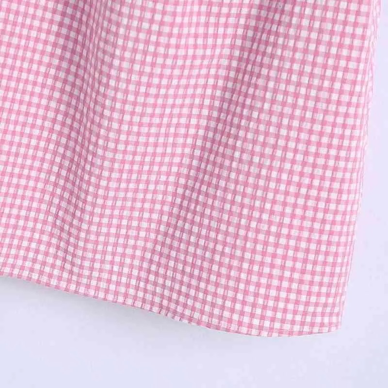 Zomer vrouwen vierkante kraag bladerdeeg mouw roze plaid mini jurk vrouwelijke kleding casual dame losse vestido D7562 210430