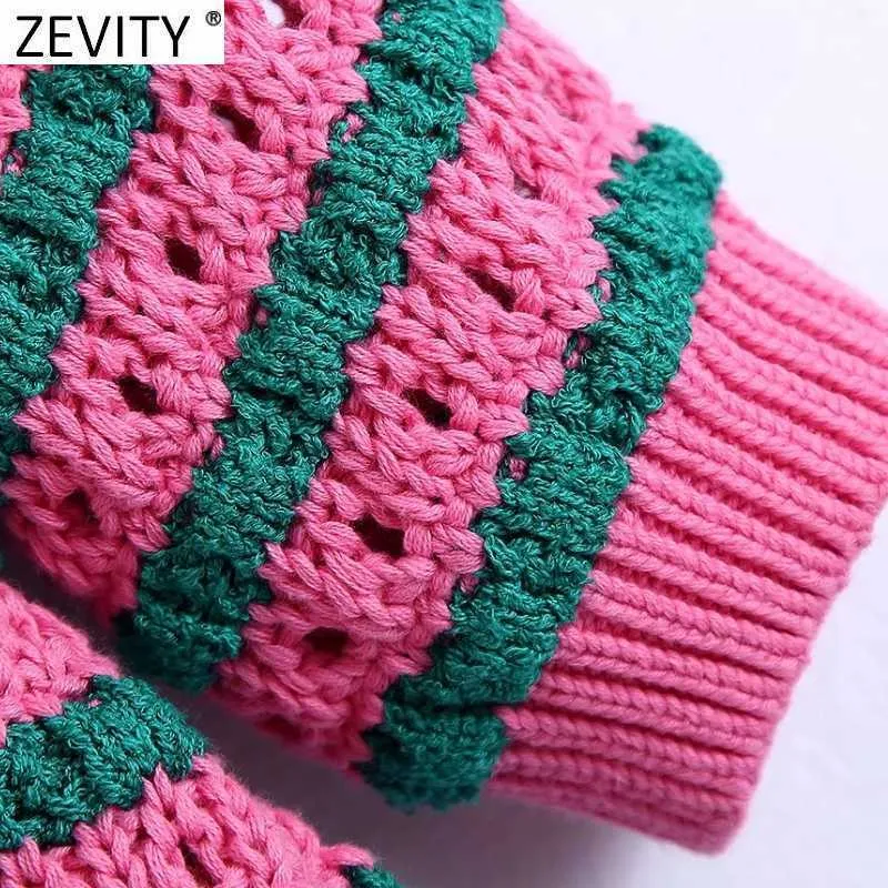 Zevity Women Fashion V Neck Color Matching Striped Print Hollow Out Crochet Stickad Sweater Kvinna Chic Cardigans Tops SW801 211007