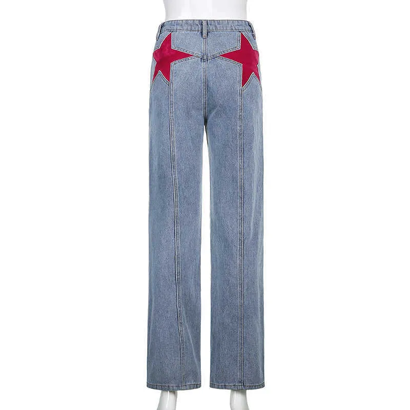 Patrón de estrella Blue Flare Jeans Mujer Y2k Pantalones de mezclilla para mujer Vintage Harajuku Cintura alta Pantalones largos s 210629