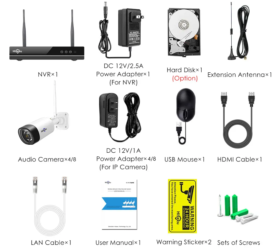 Sistema di telecamere CCTV wireless Hiseeu 3MP Audio bidirezionale telecamera IP 1536P 1080P 2MP Sistema di sicurezza esterna Kit di videosorveglianza