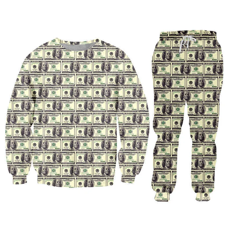 IFPD 3D Print Dollar Hoodies Funny Plus Size Men's Set Jacket And Jogger Pants Paper Money Puzzle Tracksuit Pullover Home Suit X0909