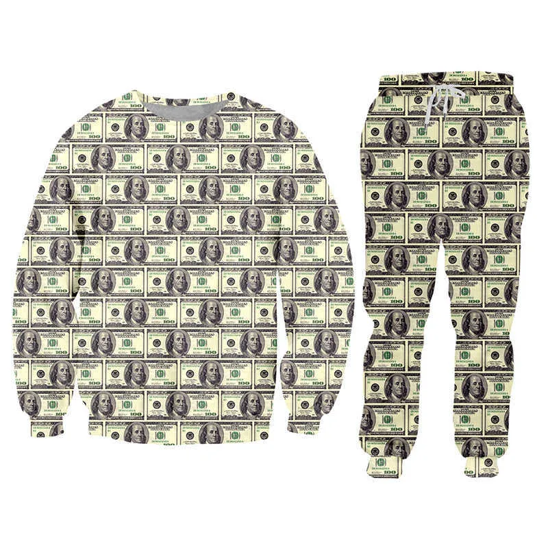 IFPD 3D Print Dollar Hoodies Funny Plus Size Men's Set Jacket And Jogger Pants Paper Money Puzzle Survêtement Pull Home Suit X0909