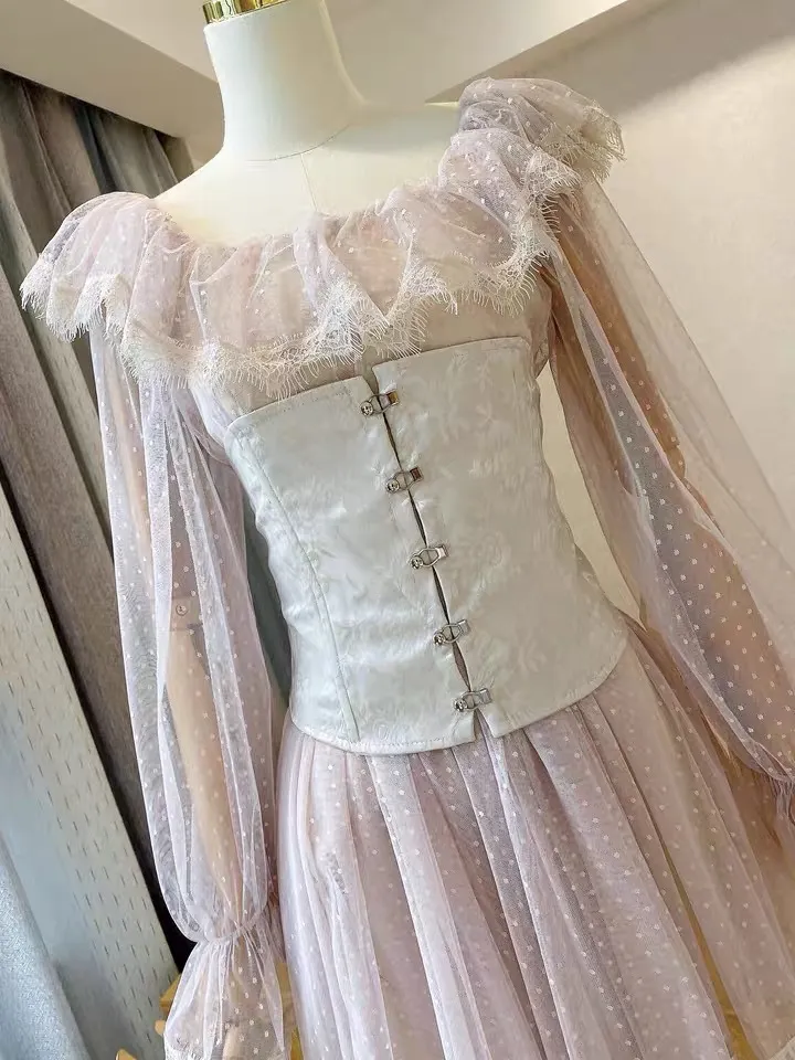 Vintage volants maille A-ligne mini robe rose haute wasit mince à manches longues douce mignonne jeune femme robes pour la fête Lolita za 210421