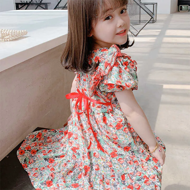 Robe de fille d'été style pastoral manches bouffantes imprimé floral doux princesse enfant vêtements pour enfants 210528