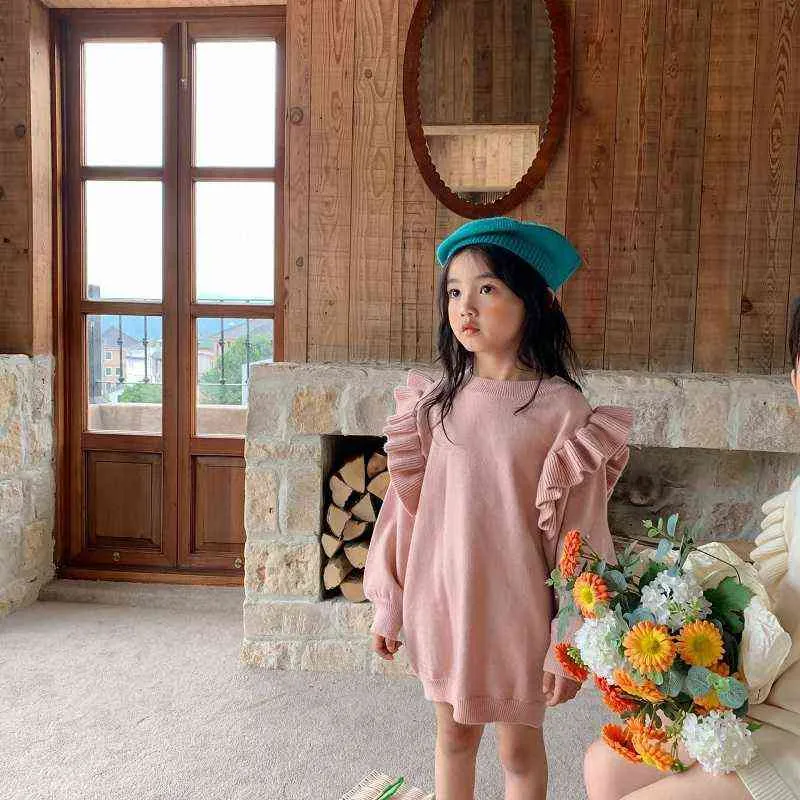 Baby Girl Princess Ruffle Sweater Dress Algodón Invierno Otoño Primavera Infant Toddler Knitted Long Outfit Ropa 1-7Y 211201