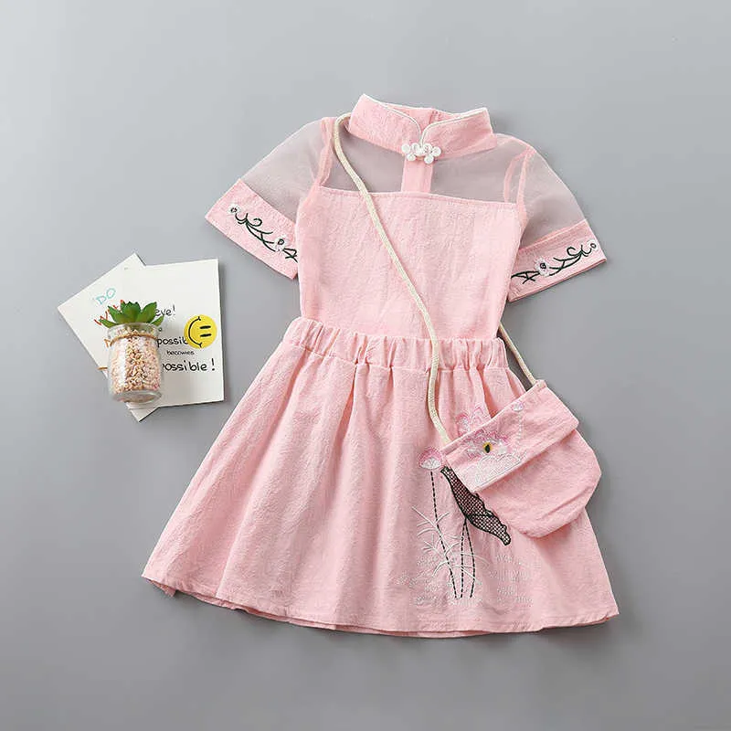 0-6 years High quality girl clothing sets summer chinese solid kid children shirt+skirt+bag 210615