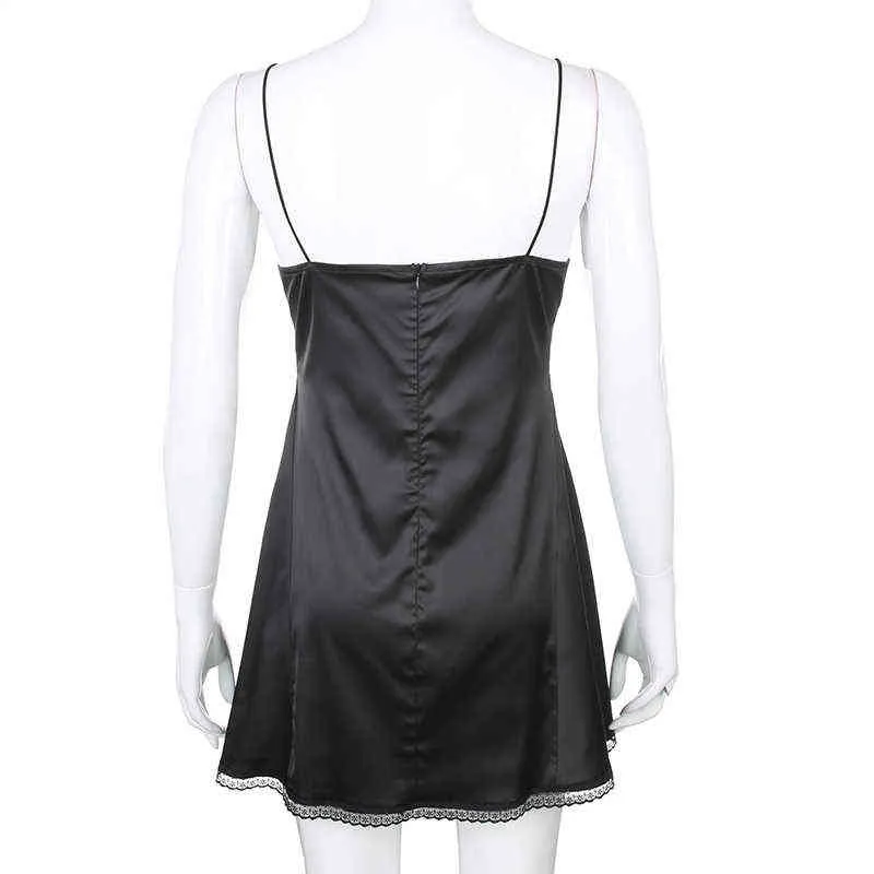 Darlingaga scollo a V cinturino in raso sexy abito nero donna pizzo patchwork abito estivo senza schienale mini spacco laterale abiti da donna moda Y220304