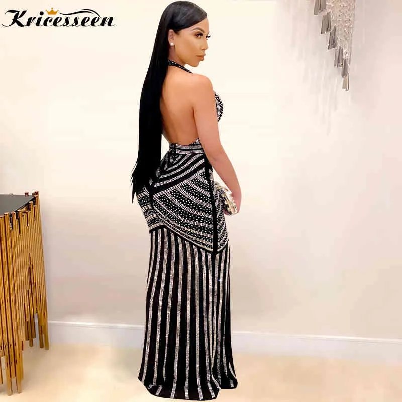 Krimeesseen Sexig Black Halter Embelleshied Crystal Maxi Dress Kvinnor Backless See Through Bodycon Födelsedag Clubwear Church Dress X0521