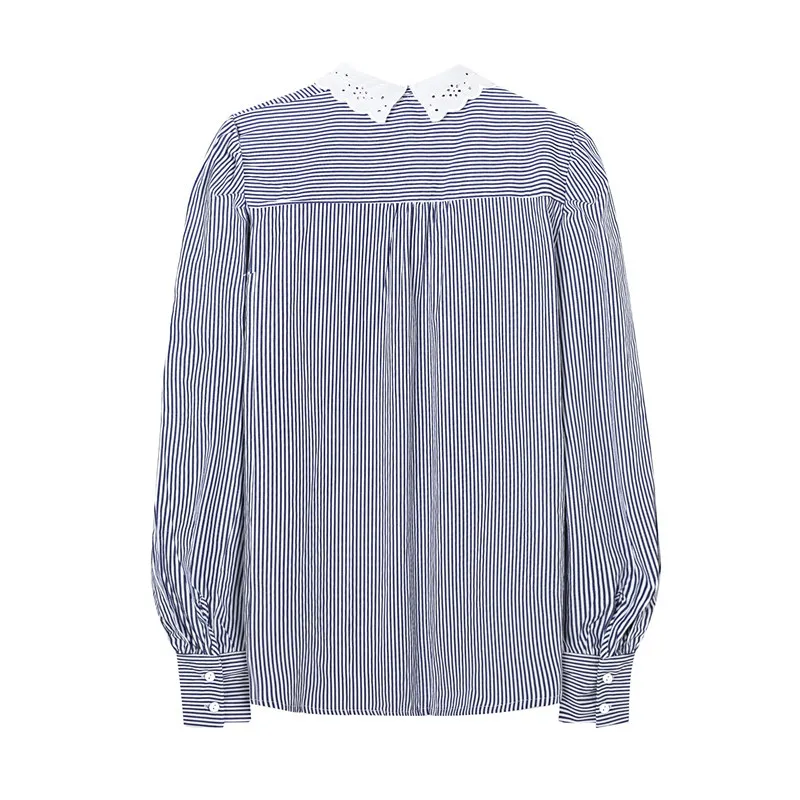 BLSQR Mode Aushöhlen Revers Lose Blusen Frauen Vintage Langarm Button-up Weibliche Shirts Blusas Chic Streifen Tops 210430