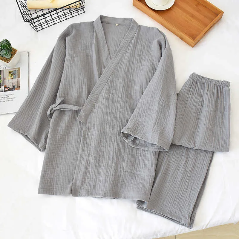 Japanischer Kimono Frühling und Sommer Baumwoll-Krepp-Pyjama-Nachthemd-Set plus Größe Paar Herren-Saunakleidung Yukata Damen-Roben-Sets 210809